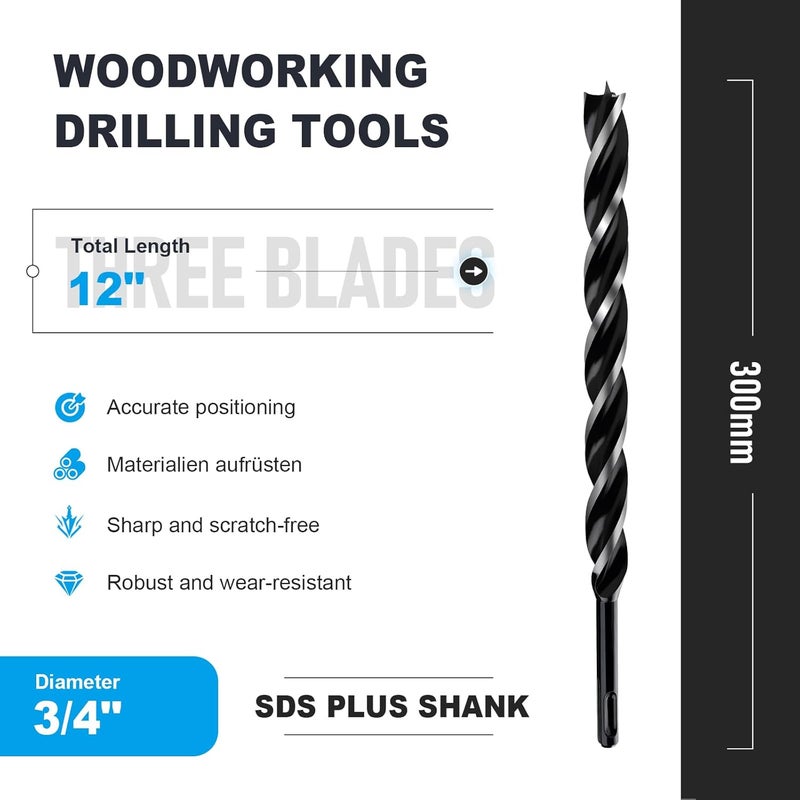 WOBLLMX 3/4" x 12" Auger Drill Bit with SDS Plus Shank for Wood,Tri Flute Ship Auger Long Drill Bit for Soft and Hard Wood,Tree Stump,Plastic,Drywall and Composite Materials - Image 2